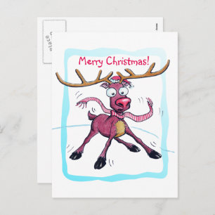 Cute Christmas holidays deer on ice cartoon Holiday Postcard