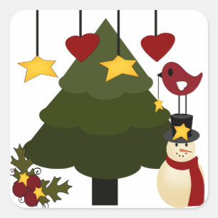 Cute Christmas Holidays Tree Snowman Stars Bird Square Sticker