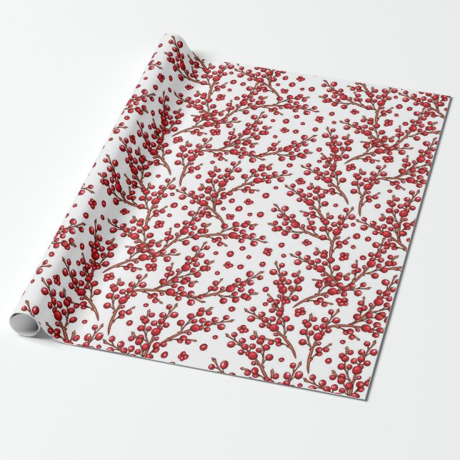 Cute Christmas Holly Branches Pattern Wrapping Paper (Unrolled)