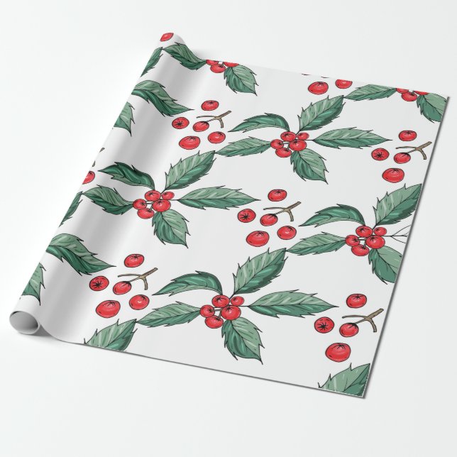Cute Christmas Holly Leaves and Berries Wrapping Paper (Unrolled)