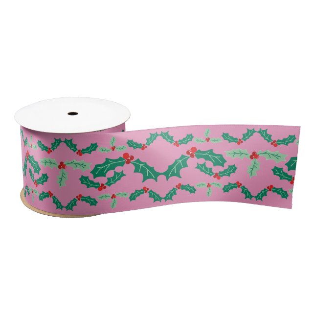 Cute Christmas Holly Ribbon In Pink Satin Ribbon (Spool)