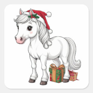 Cute Christmas Horse With Santa Hat Square Sticker