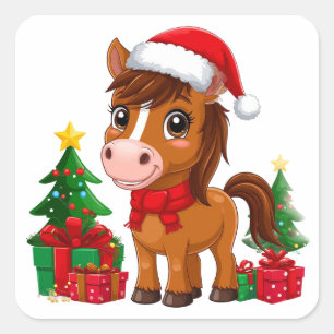 Cute Christmas Horse With Santa Hat Square Sticker