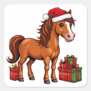 Cute Christmas Horse With Santa Hat Square Sticker