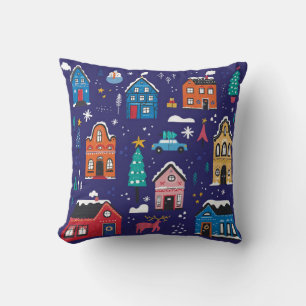 Cute Christmas houses flat vintage illustrations s Cushion