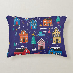 Cute Christmas houses flat vintage illustrations s Decorative Cushion