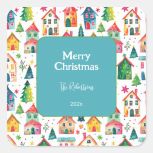 Cute Christmas Houses Square Sticker