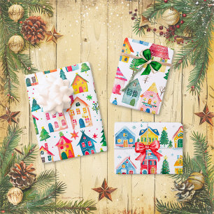 Cute Christmas Houses  Wrapping Paper Sheet