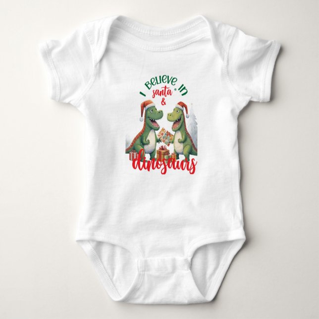 Cute Christmas I Believe in Santa and Dinosaurs Baby Bodysuit (Front)