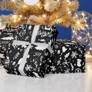 Cute Christmas illustrations pattern black Wrapping Paper