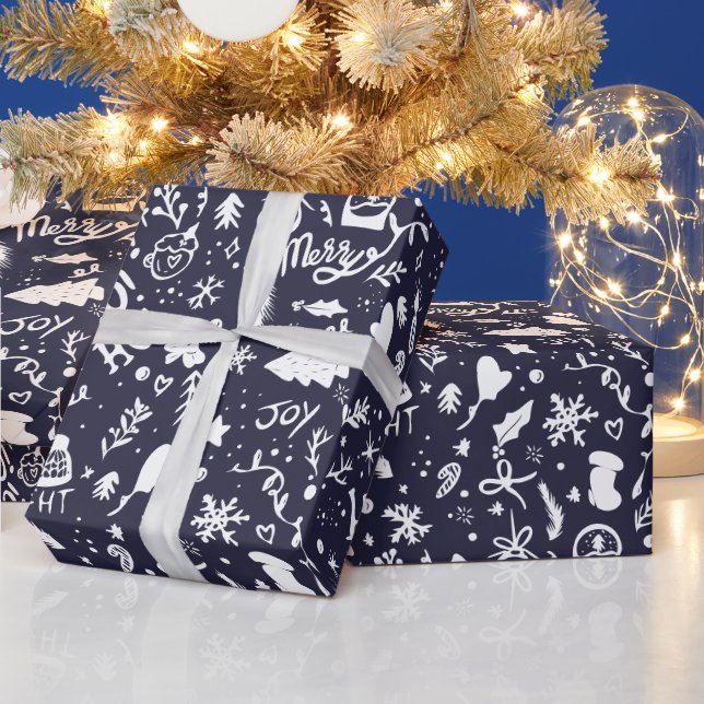 Cute Christmas illustrations pattern navy blue Wrapping Paper (Holidays)