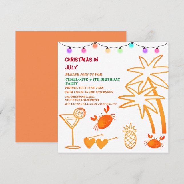 Cute Christmas In July Birthday Party  Invitation (Front/Back)
