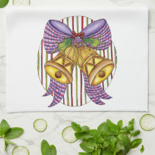 Cute Christmas Jingle Bells with Ribbon and Bow Tea Towel