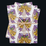 Cute Christmas Jingle Bells with Ribbon and Bow Wrapping Paper Sheet<br><div class="desc">Vintage illustration Merry Christmas holiday design featuring cartoon golden bells tied with a big ribbon in a beautiful bow and holly berries over an oval striped pattern.</div>