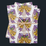 Cute Christmas Jingle Bells with Ribbon and Bow Wrapping Paper Sheet<br><div class="desc">Vintage illustration Merry Christmas holiday design featuring cartoon golden bells tied with a big ribbon in a beautiful bow and holly berries over an oval striped pattern.</div>