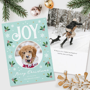 Cute Christmas Joy Custom Name Photo Mint Holiday Card