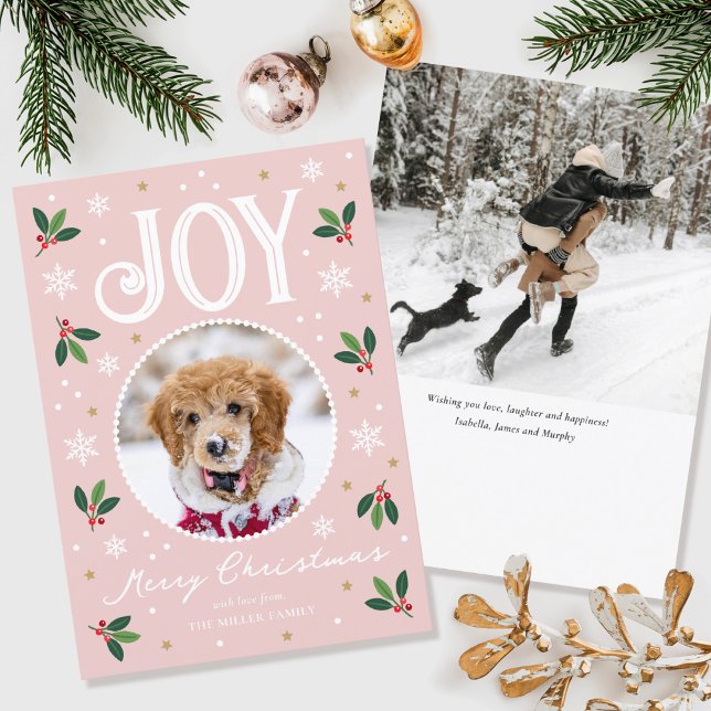 Cute Christmas Joy Custom Name Photo Pink Holiday Card (Creator Uploaded)