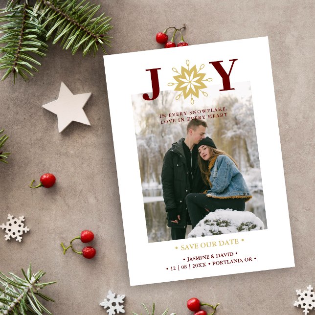 Cute Christmas Joy Snowflake Red & Fake Gold Photo Save The Date (Cute Christmas Joy Snowflake in Red and Gold Photo Holiday Card as a Wedding Save the Date Card.)