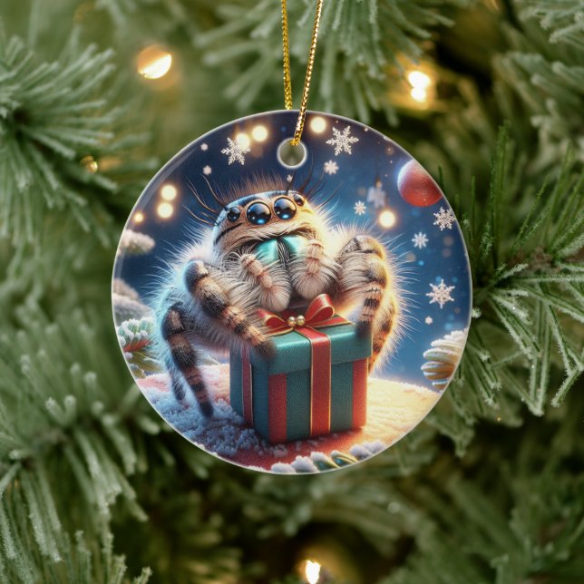 Cute Christmas Jumping Spider Holding a Gift Ceramic Ornament (Tree)
