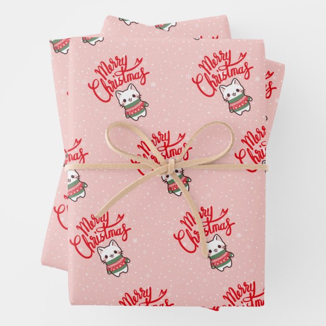 Cute Christmas Kawaii Kitten on Red Background Wrapping Paper Sheet (In situ)