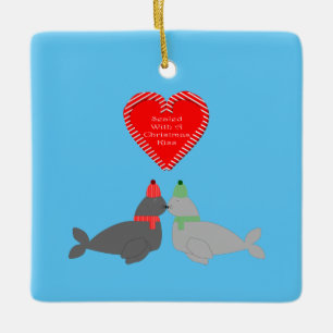 Cute Christmas Kissing Seals Custom Ceramic Ornament