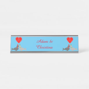 Cute Christmas Kissing Seals Custom Desk Name Plate