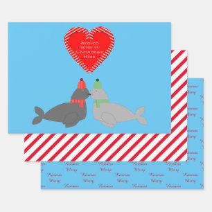 Cute Christmas Kissing Seals Custom Wrapping Paper Sheet