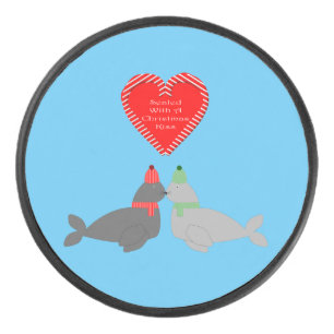 Cute Christmas Kissing Seals Hockey Puck