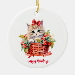 Cute Christmas Kitten in a Basket Ceramic Ornament