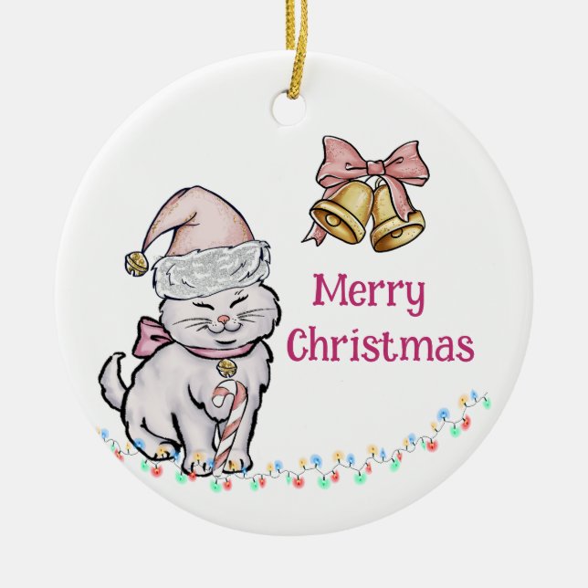 Cute Christmas Kitten in a Santa Hat Custom Name Ceramic Ornament (Front)