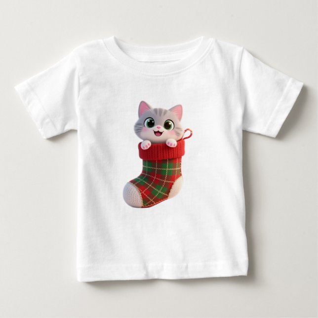 Cute Christmas Kitten in Stocking Baby T-Shirt (Front)