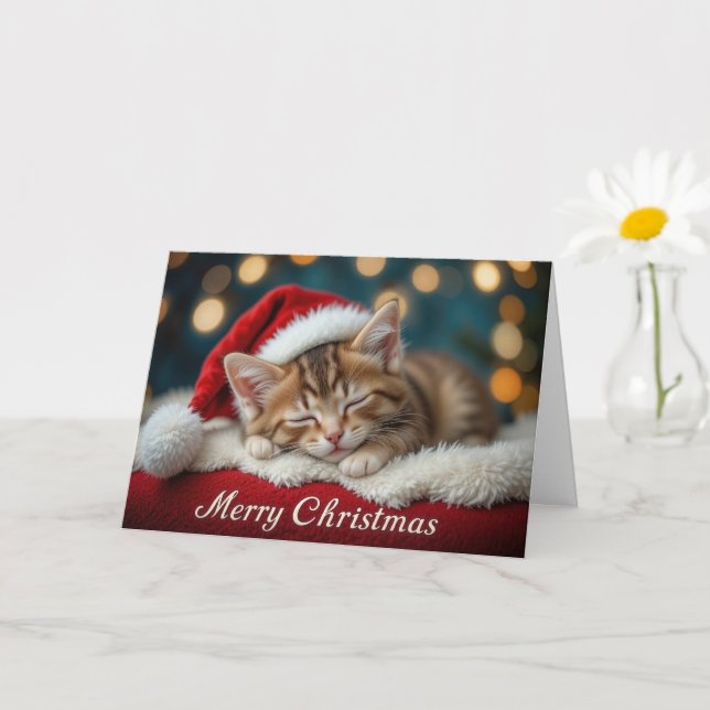 Cute Christmas Kitten on Red Festive Santa Hat  Card (Small Plant)