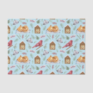 Cute Christmas Kitten, Red Cardinal, Berries Blue Tissue Paper