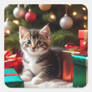 Cute Christmas Kitten Square Sticker