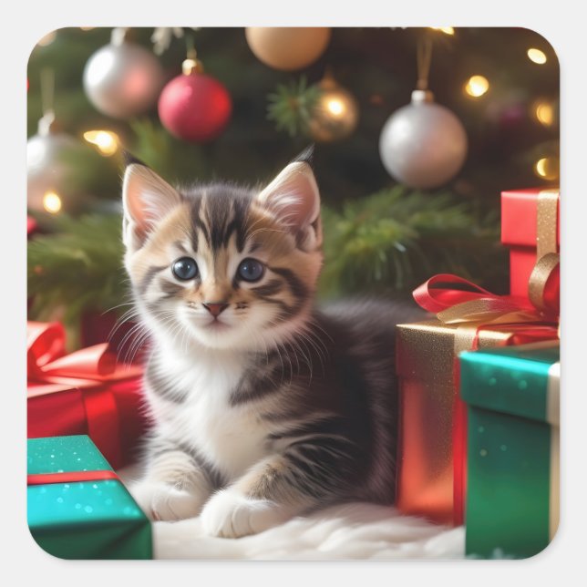 Cute Christmas Kitten  Square Sticker (Front)