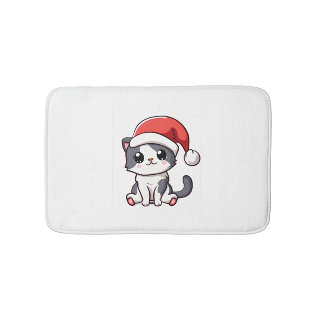 Cute Christmas kitten wearing Santa hat   Bath Mat (Front)