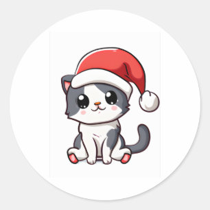 Cute Christmas kitten wearing Santa hat   Classic Round Sticker