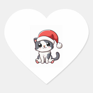 Cute Christmas kitten wearing Santa hat   Heart Sticker