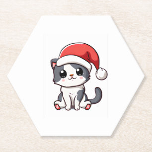 Cute Christmas kitten wearing Santa hat   Paper Coaster