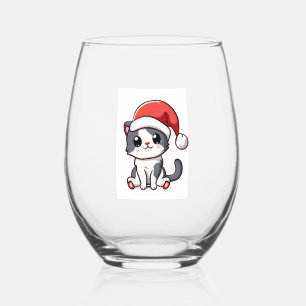 Cute Christmas kitten wearing Santa hat Stemless Wine Glass