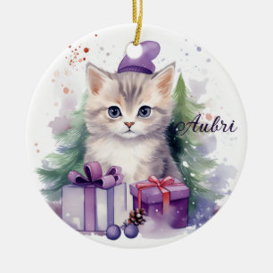 Cute Christmas Kitten with Gifts Christmas Ceramic Ornament