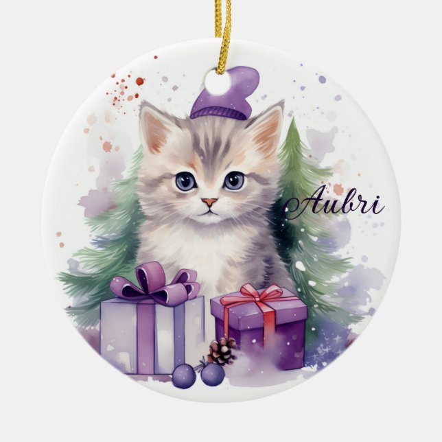 Cute Christmas Kitten with Gifts Christmas  Ceramic Ornament (Front)