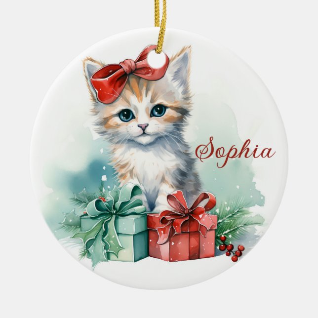 Cute Christmas Kitten with Gifts Christmas  Ceramic Ornament (Front)