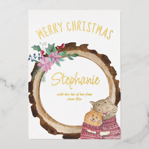 Cute Christmas Kittens Rustic Wood Frame Gold Foil Holiday Card