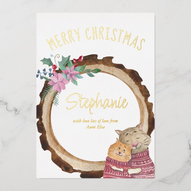 Cute Christmas Kittens Rustic Wood Frame Gold Foil Holiday Card (Front)