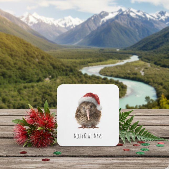 Cute Christmas Kiwi, custom Square Paper Coaster (Creator Uploaded)
