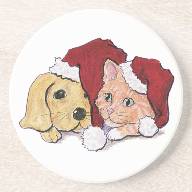 Cute Christmas Labrador Puppy and Orange Tabby Coaster (Front)