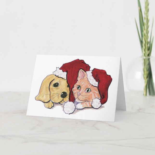 Cute Christmas Labrador Puppy and Orange Tabby Holiday Card (Front)