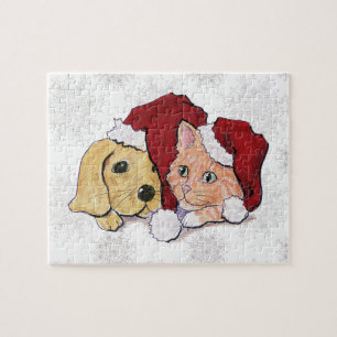 Cute Christmas Labrador Puppy and Orange Tabby Jigsaw Puzzle