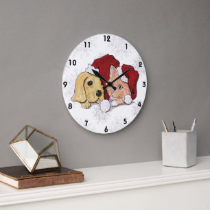 Cute Christmas Labrador Puppy and Orange Tabby Large Clock